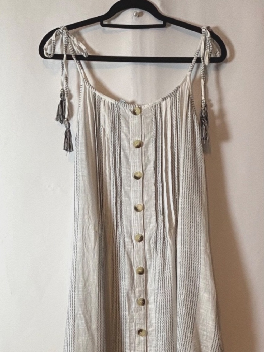 Boho Linen Maxi Dress Button Front Tassel Tie Striped  Size L  Blue Island